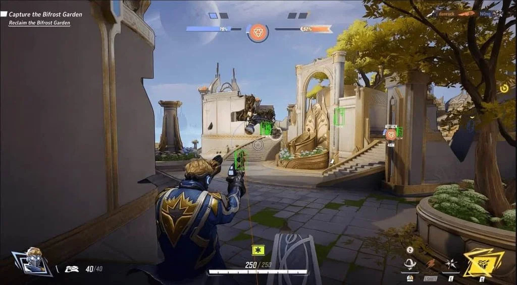 Hyperion box ESP on enemy heroes across a Marvel Rivals objective with distance
