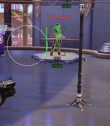 Visor skeleton ESP closeup on an enemy hero with health and distance