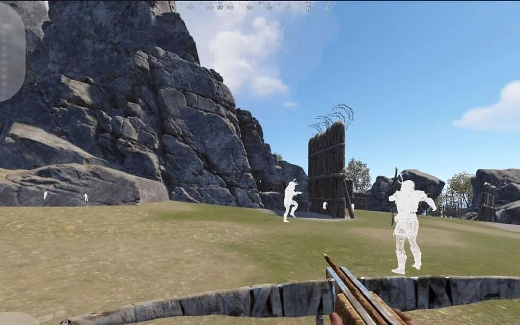 Rust cheat chams ESP highlighting enemy players white across open ground near a base