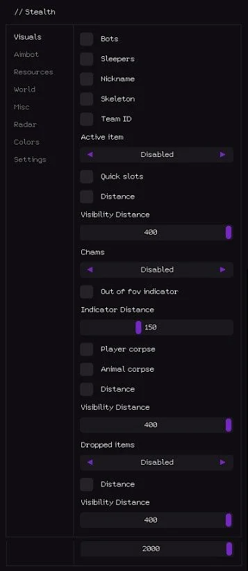 Rust Stealth Full visuals menu with sleepers, skeleton, chams, out-of-FOV indicator, corpses and dropped items