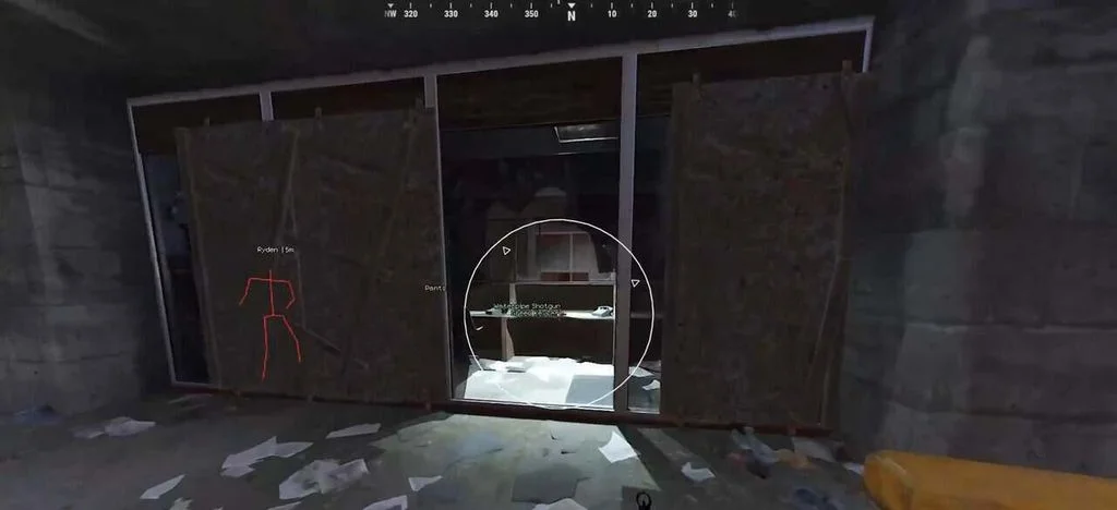 Rust ESP showing a red enemy skeleton and dropped items through a base wall