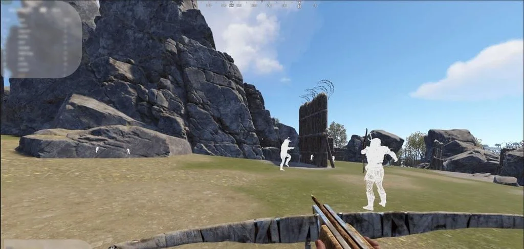 Rust chams lighting enemy players white across open ground near a base