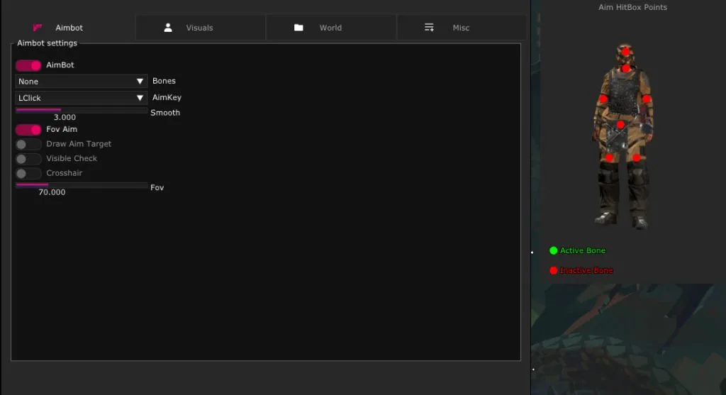 Valorant aimbot menu showing bone selection, smoothing, a visible check, an FOV ring and a hitbox-point preview